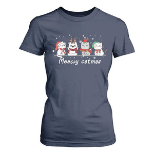 Xmas Cat T Shirt For Women Meowy Catmas Cute Cat Santa Hat TS09 Navy Print Your Wear