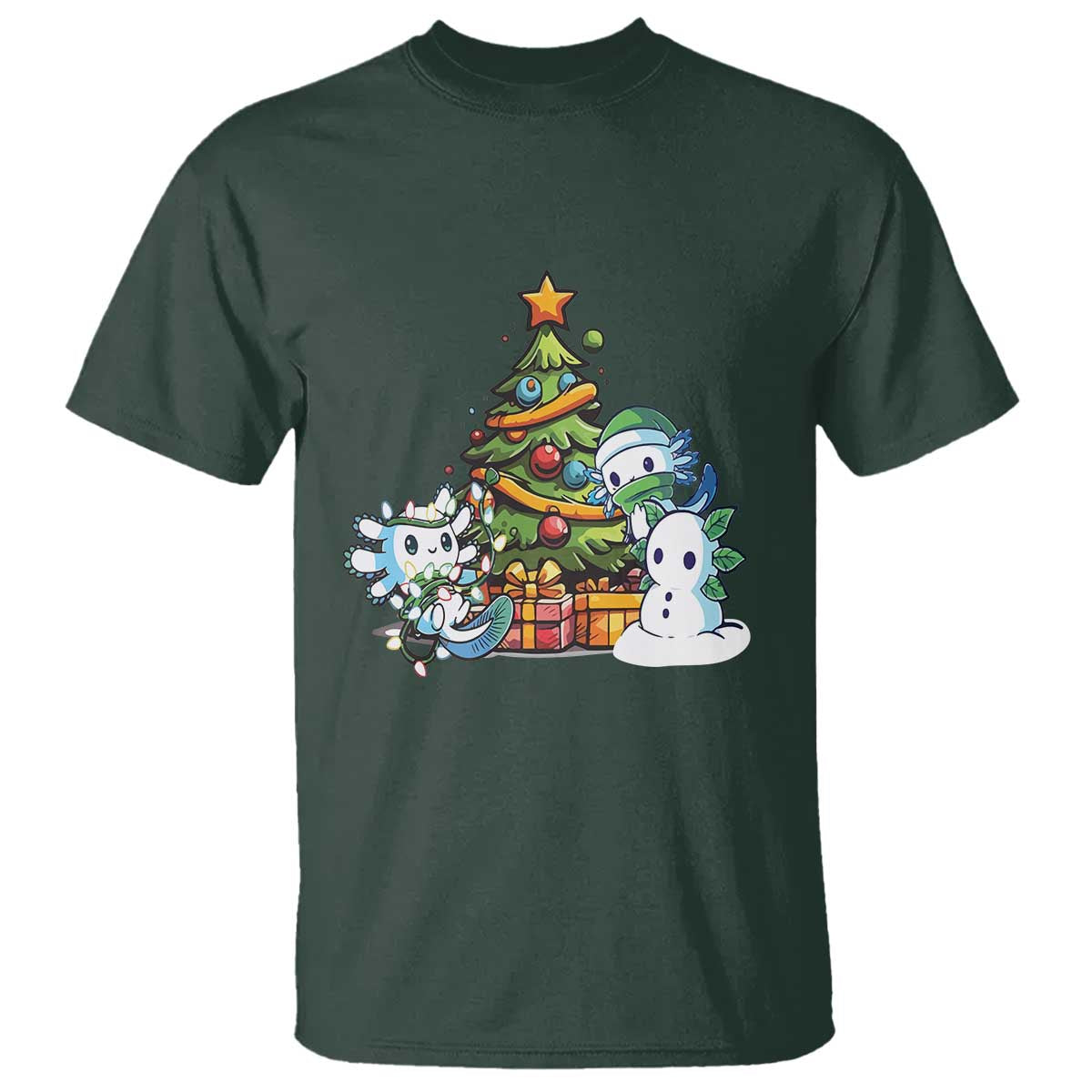 Cute Axolotl Christmas Tree T Shirt TS09 Dark Forest Green Print Your Wear