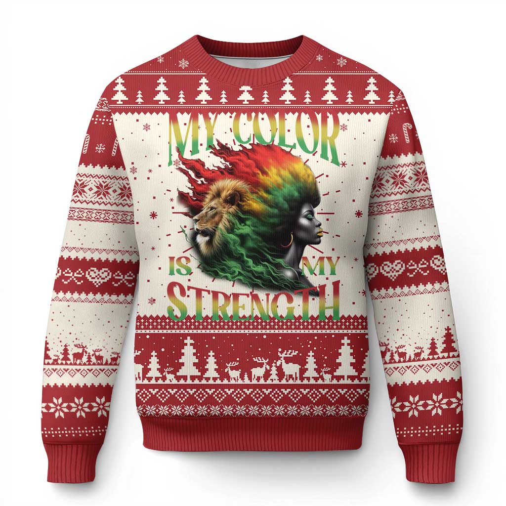 Black Pride Ugly Christmas Sweater My Color Is My Strength African American Women Lion