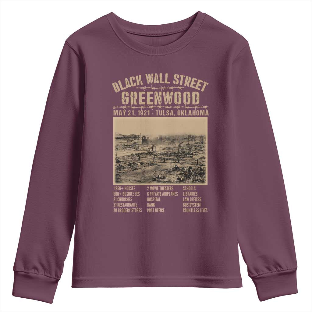 Black Wall Street Youth Sweatshirt - Never Forget 1921 Tulsa Black History Retro Heritage TS09 Maroon Print Your Wear