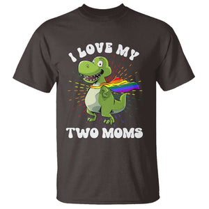 Funny Lesbian T Shirt I Love My Two Moms Rainbow Dinosaur TS09 Dark Chocolate Printyourwear