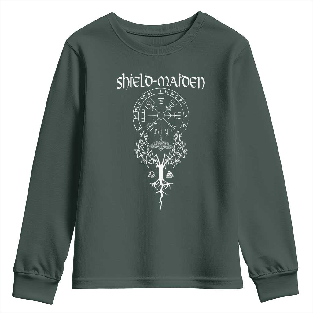 Shield Maiden Youth Sweatshirt Female Warrior Scandinavian Folklore Mythology TS09 Dark Forest Green Print Your Wear