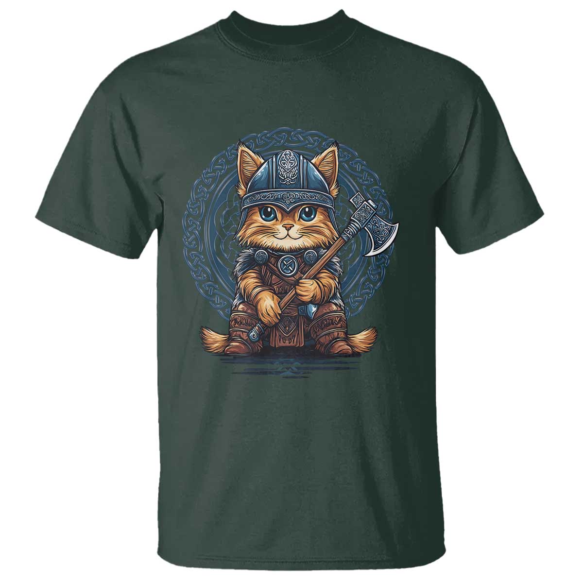 Nordic Norse Viking Cat Warrior T Shirt TS09 Dark Forest Green Print Your Wear