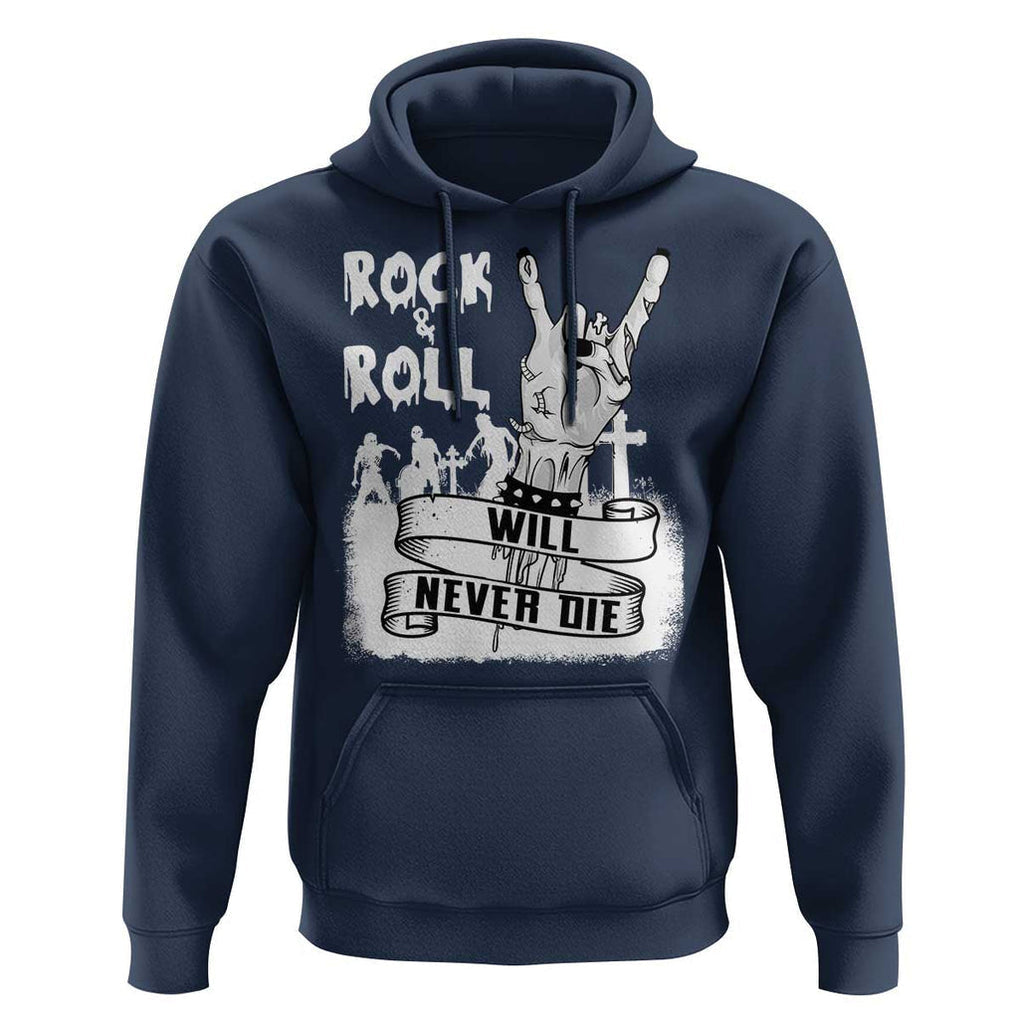 Halloween Rock N Roll Hoodie Will Never Die Zombie TS09 Navy Print Your Wear