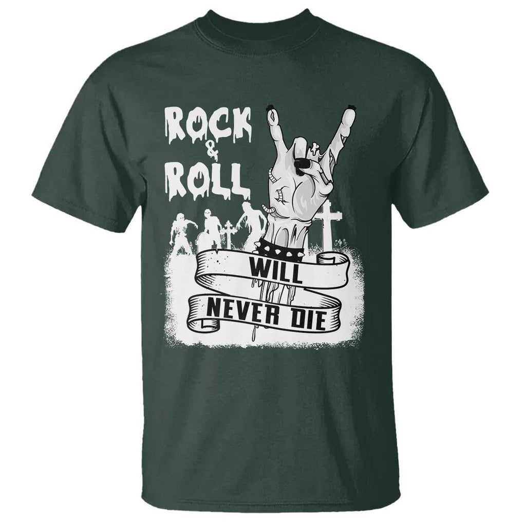 Halloween Rock N Roll T Shirt Will Never Die Zombie TS09 Dark Forest Green Print Your Wear