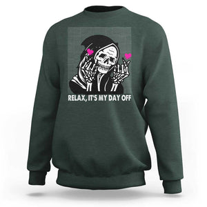 Funny Grim Reaper Sweatshirt Relax It's My Day Off Halloween TS09 Dark Forest Green Print Your Wear