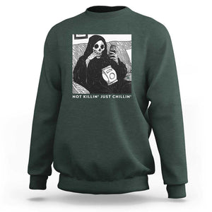 Funny Grim Reaper Sweatshirt Not Killing Just Chilling Halloween TS09 Dark Forest Green Print Your Wear