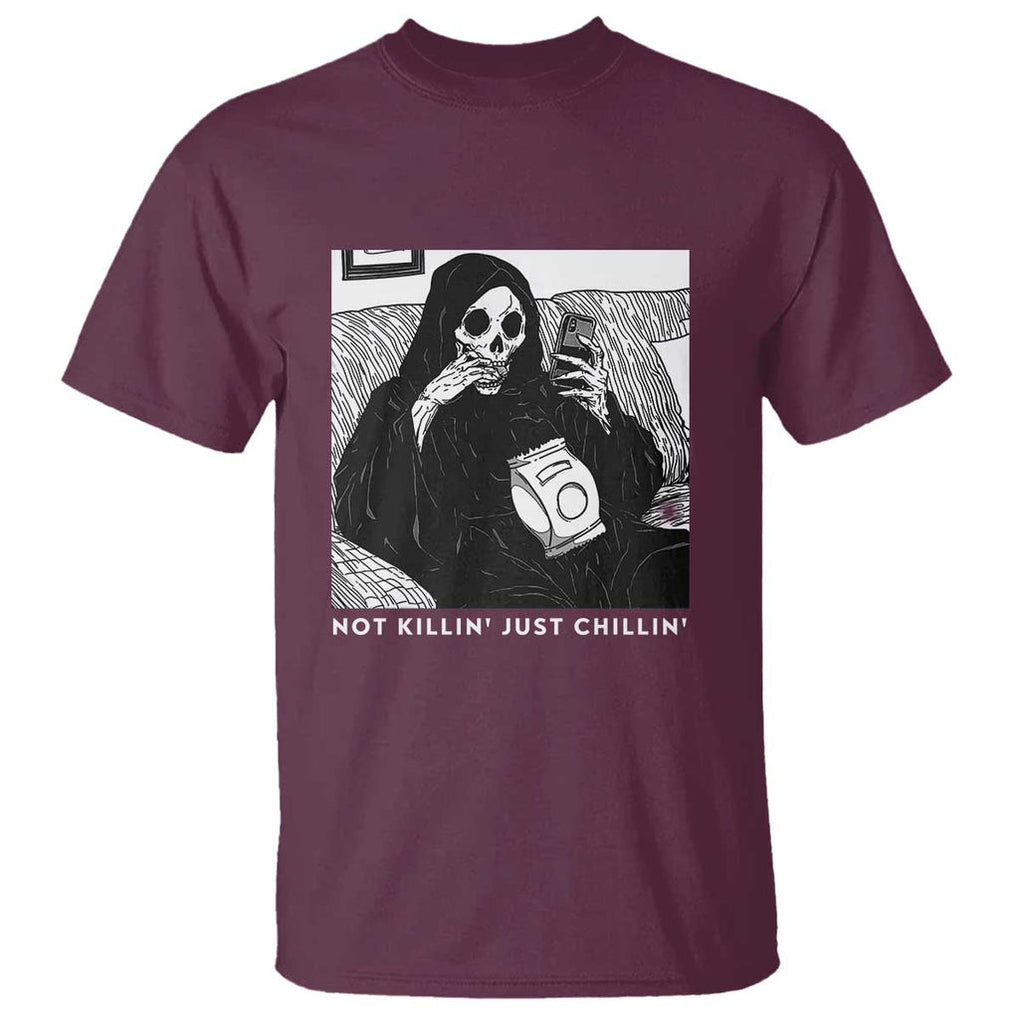 Funny Grim Reaper T Shirt Not Killing Just Chilling Halloween TS09 Maroon Print Your Wear