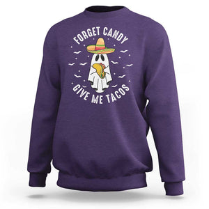 Mexico Halloween Sweatshirt Forget Candy Give Me Tacos Cute Mexican Ghost TS09 Purple Print Your Wear