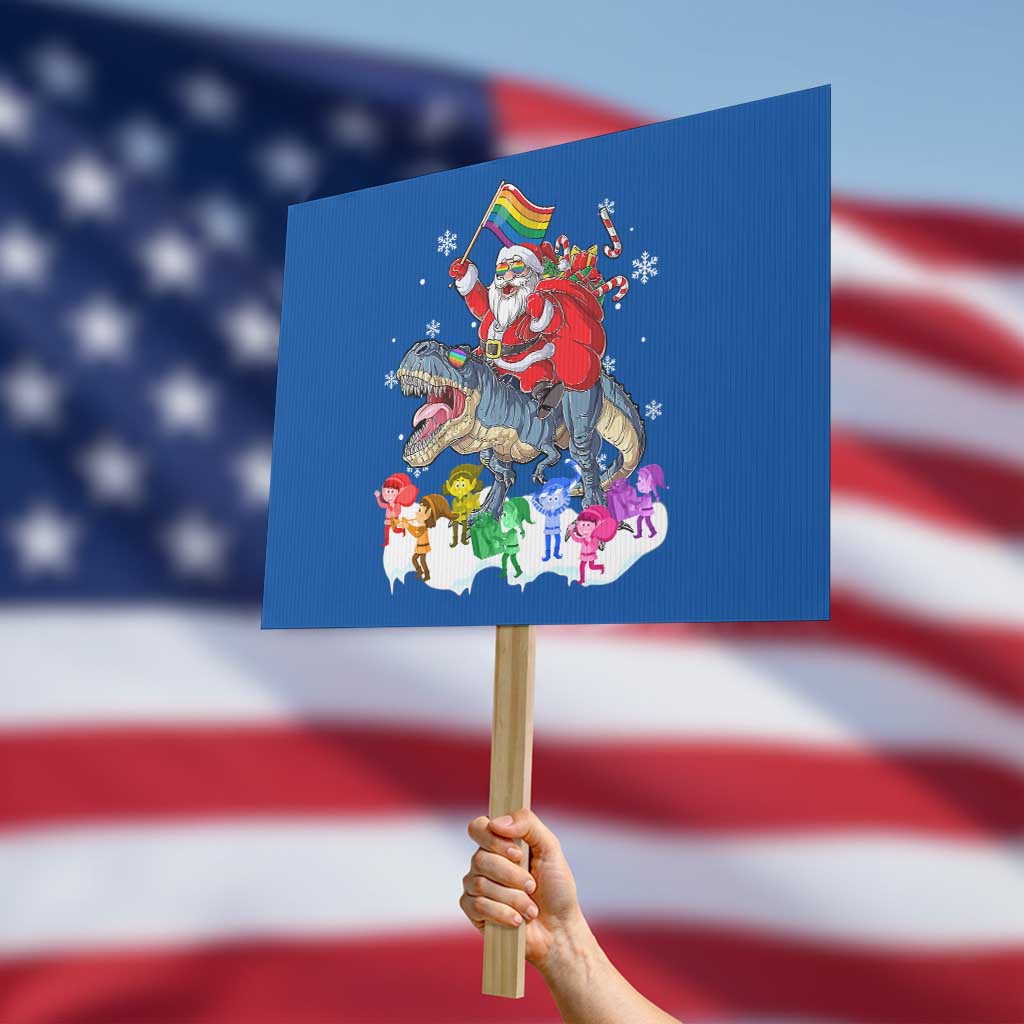 Funny Christmas LGBT Protest Sign Rainbow Flag Santa Riding Dinosaur TS09 Horizontal 18