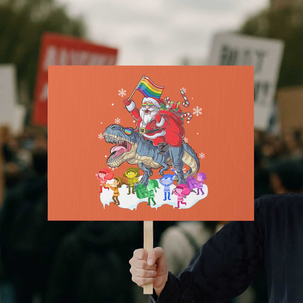 Funny Christmas LGBT Protest Sign Rainbow Flag Santa Riding Dinosaur TS09 Horizontal 18