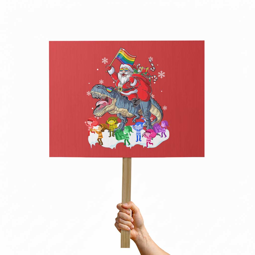 Funny Christmas LGBT Protest Sign Rainbow Flag Santa Riding Dinosaur TS09 Horizontal 18