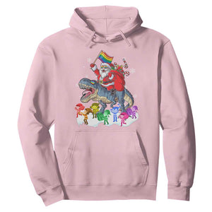 Funny Christmas LGBT Hoodie Rainbow Flag Santa Riding Dinosaur TS09 Light Pink Print Your Wear