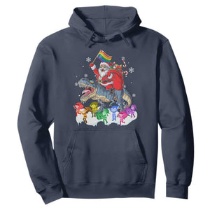 Funny Christmas LGBT Hoodie Rainbow Flag Santa Riding Dinosaur TS09 Navy Print Your Wear