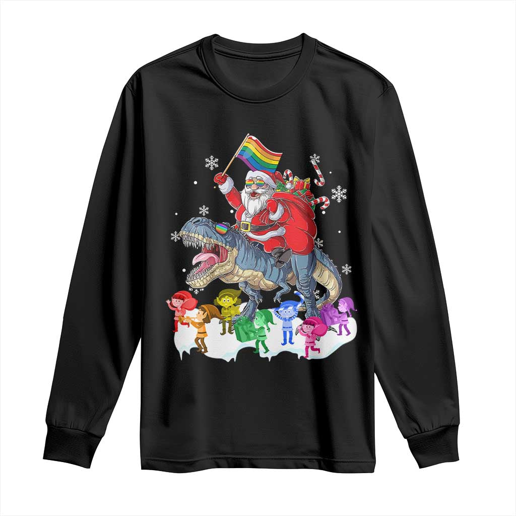 Funny Christmas LGBT Long Sleeve Shirt Rainbow Flag Santa Riding Dinosaur TS09 Black Print Your Wear