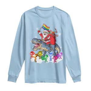 Funny Christmas LGBT Long Sleeve Shirt Rainbow Flag Santa Riding Dinosaur TS09 Light Blue Print Your Wear