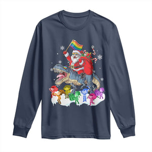 Funny Christmas LGBT Long Sleeve Shirt Rainbow Flag Santa Riding Dinosaur TS09 Navy Print Your Wear