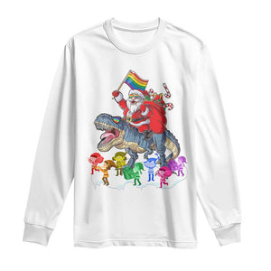 Funny Christmas LGBT Long Sleeve Shirt Rainbow Flag Santa Riding Dinosaur TS09 White Print Your Wear