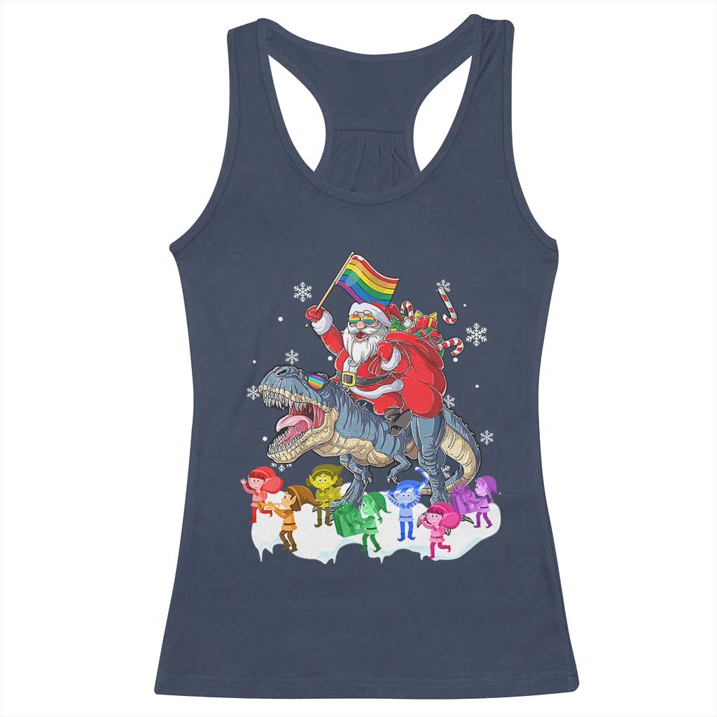 Funny Christmas LGBT Racerback Tank Top Rainbow Flag Santa Riding Dinosaur TS09 Navy Print Your Wear