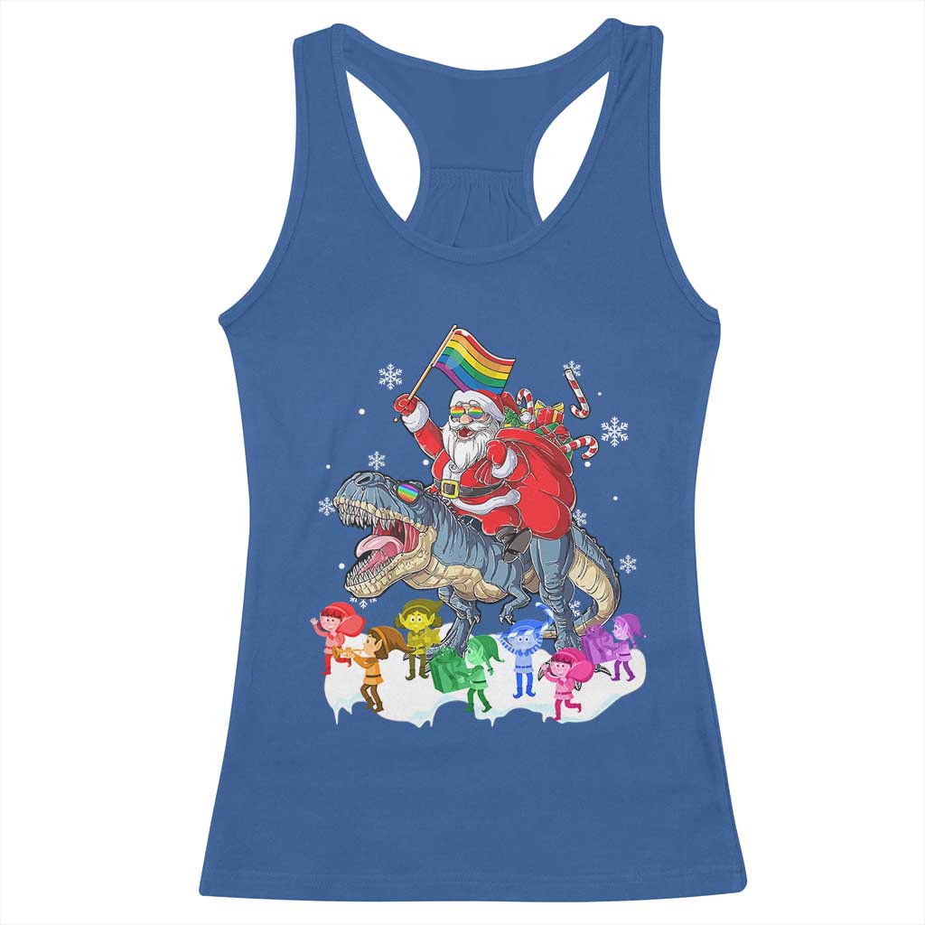 Funny Christmas LGBT Racerback Tank Top Rainbow Flag Santa Riding Dinosaur TS09 Royal Blue Print Your Wear