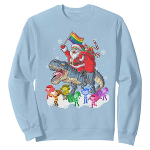 Funny Christmas LGBT Sweatshirt Rainbow Flag Santa Riding Dinosaur TS09 Light Blue Print Your Wear