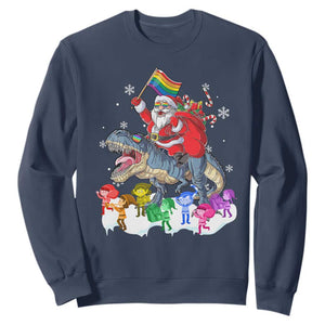 Funny Christmas LGBT Sweatshirt Rainbow Flag Santa Riding Dinosaur TS09 Navy Print Your Wear