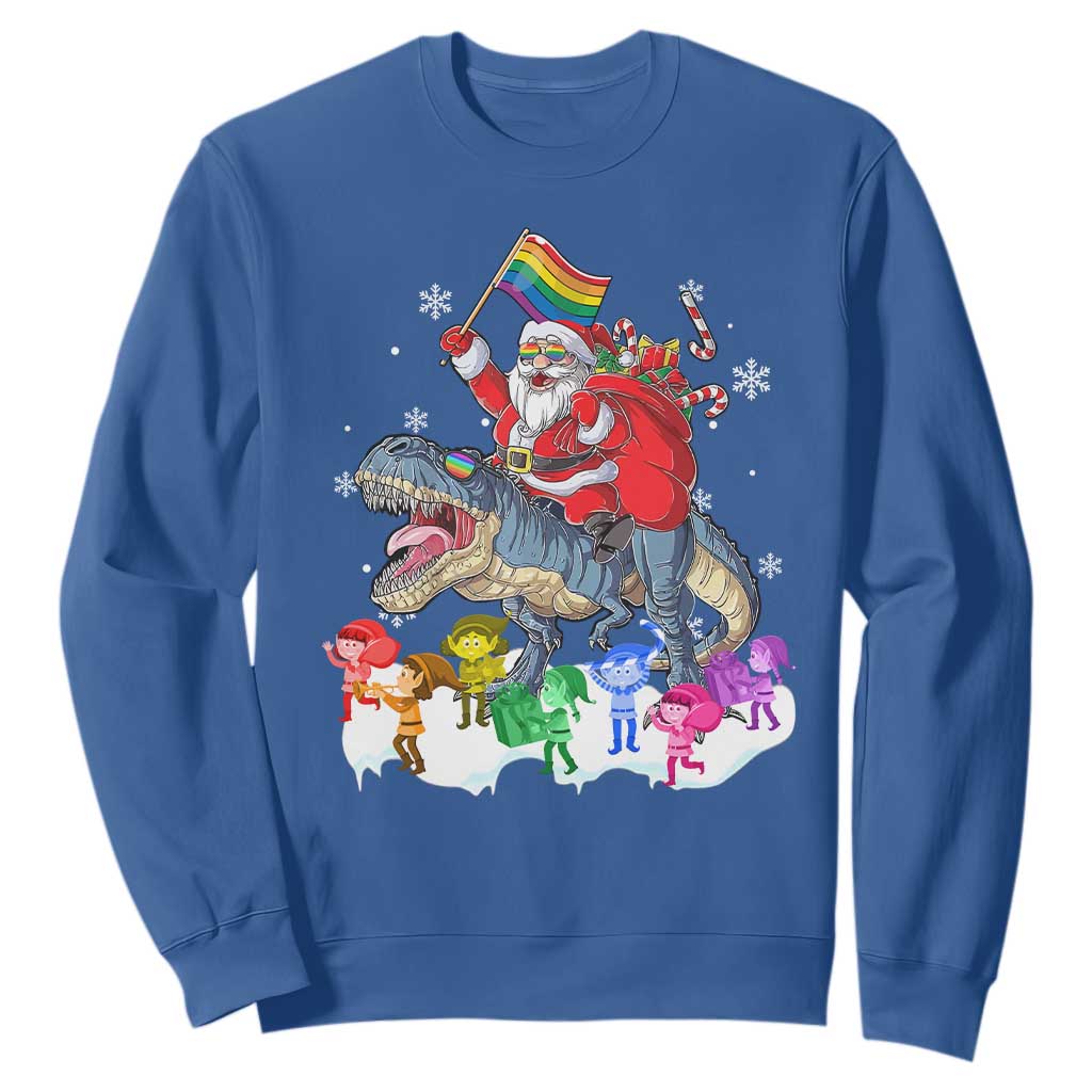 Funny Christmas LGBT Sweatshirt Rainbow Flag Santa Riding Dinosaur TS09 Royal Blue Print Your Wear