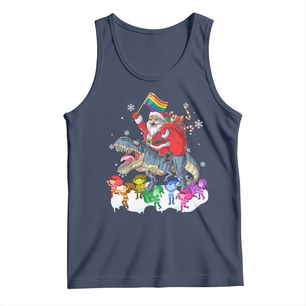 Funny Christmas LGBT Tank Top Rainbow Flag Santa Riding Dinosaur TS09 Navy Print Your Wear
