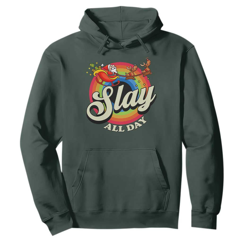 Funny Christmas LGBT Hoodie Slay All Day Sleigh Rainbow TS09 Dark Forest Green Print Your Wear
