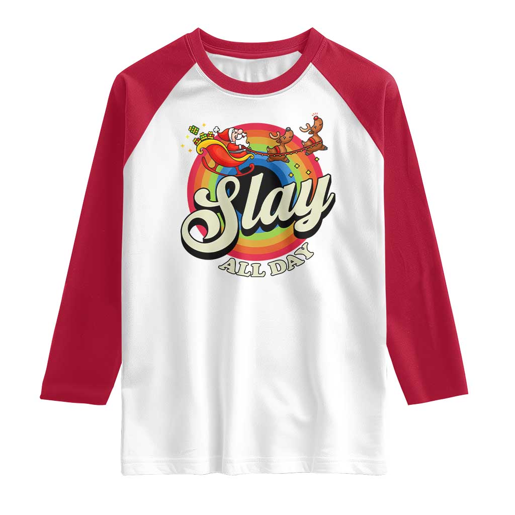 Funny Christmas LGBT Raglan Shirt Slay All Day Sleigh Rainbow TS09 White Red Print Your Wear