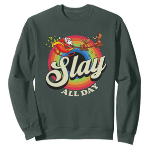 Funny Christmas LGBT Sweatshirt Slay All Day Sleigh Rainbow TS09 Dark Forest Green Print Your Wear