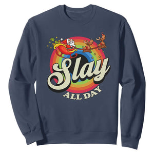 Funny Christmas LGBT Sweatshirt Slay All Day Sleigh Rainbow TS09 Navy Print Your Wear