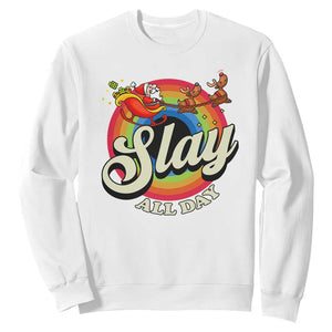 Funny Christmas LGBT Sweatshirt Slay All Day Sleigh Rainbow TS09 White Print Your Wear