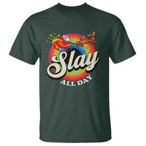 Funny Christmas LGBT T Shirt Slay All Day Sleigh Rainbow TS09 Dark Forest Green Print Your Wear