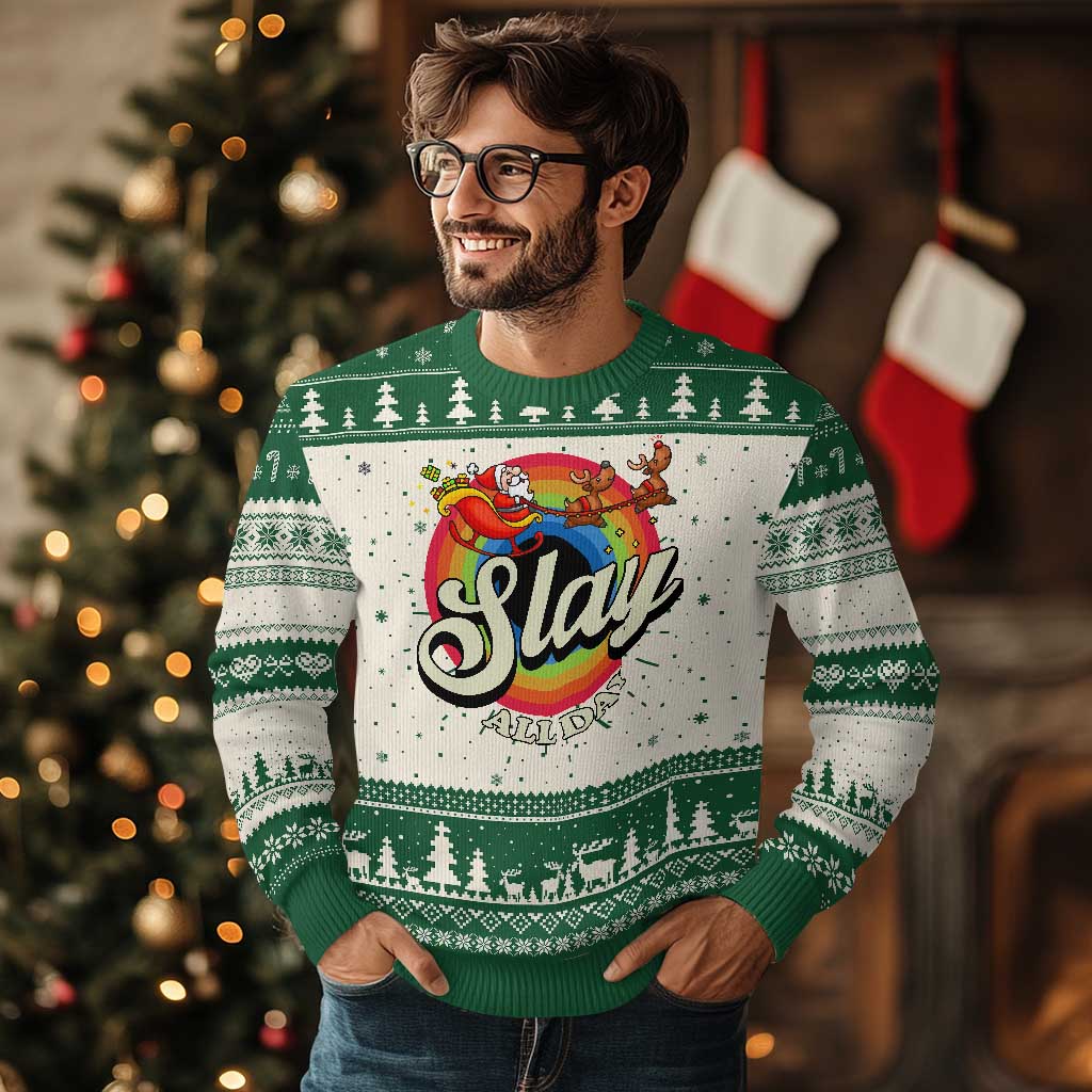 Funny Xmas LGBT Ugly Christmas Sweater Slay All Day Sleigh Rainbow PrintYourWear Print Your Wear