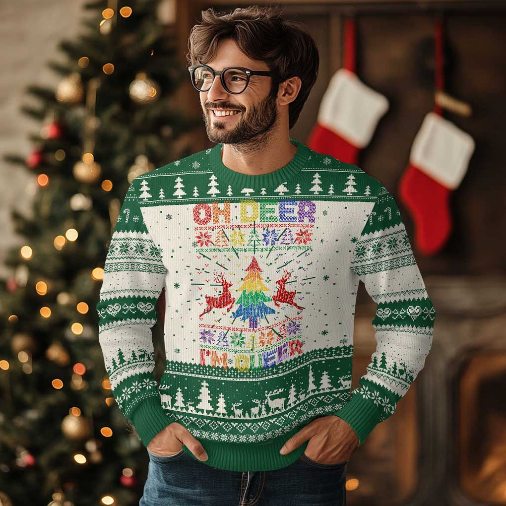 Funny Xmas LGBT Ugly Christmas Sweater Oh Deer Im Queer TS09 Green Print Your Wear
