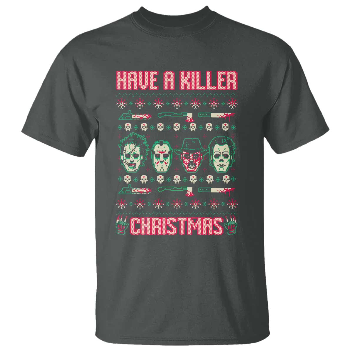 Horror Xmas T Shirt Have A Killer Christmas Horror Characters TS09 Dark Heather Print Your Wear
