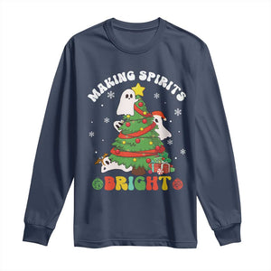 Gothic Xmas Long Sleeve Shirt Making Spirits Bright Cute Ghost Christmas Tree TS09 Navy Print Your Wear