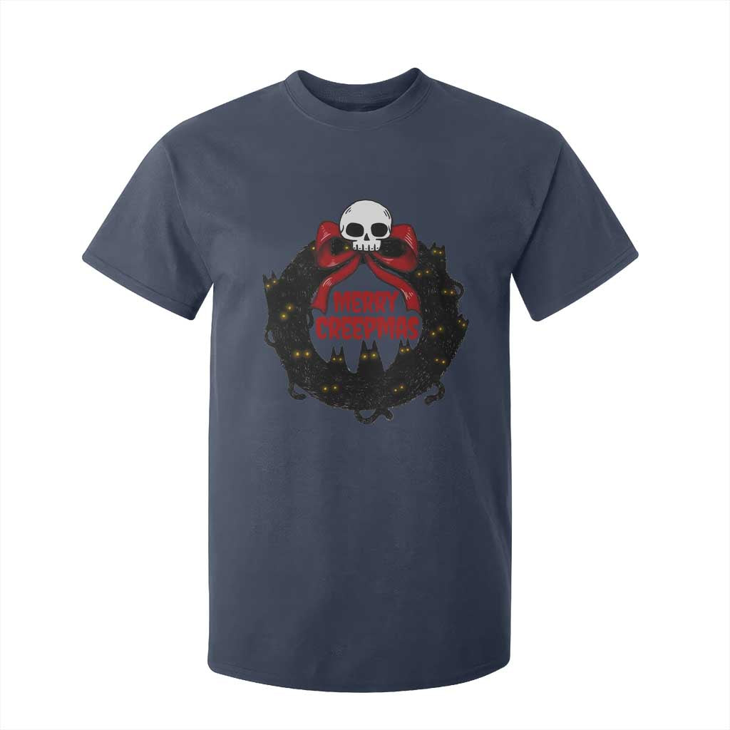 Gothic Christmas T Shirt For Kid Merry Creepmas Cat Wreath TS09 Navy Print Your Wear