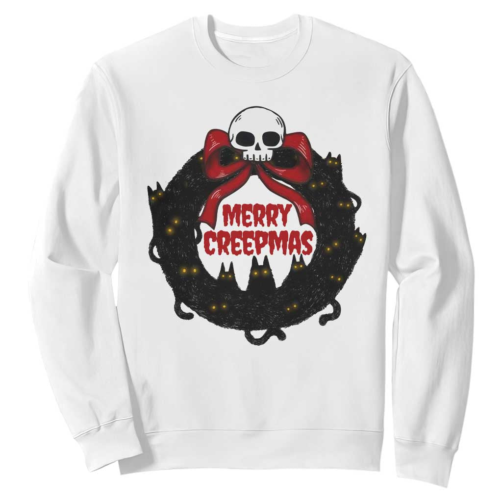 Gothic Christmas Sweatshirt Merry Creepmas Cat Wreath TS09 White Print Your Wear