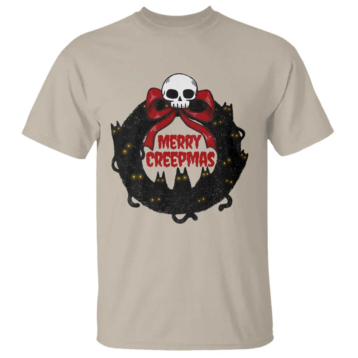 Gothic Christmas T Shirt Merry Creepmas Cat Wreath TS09 Sand Print Your Wear