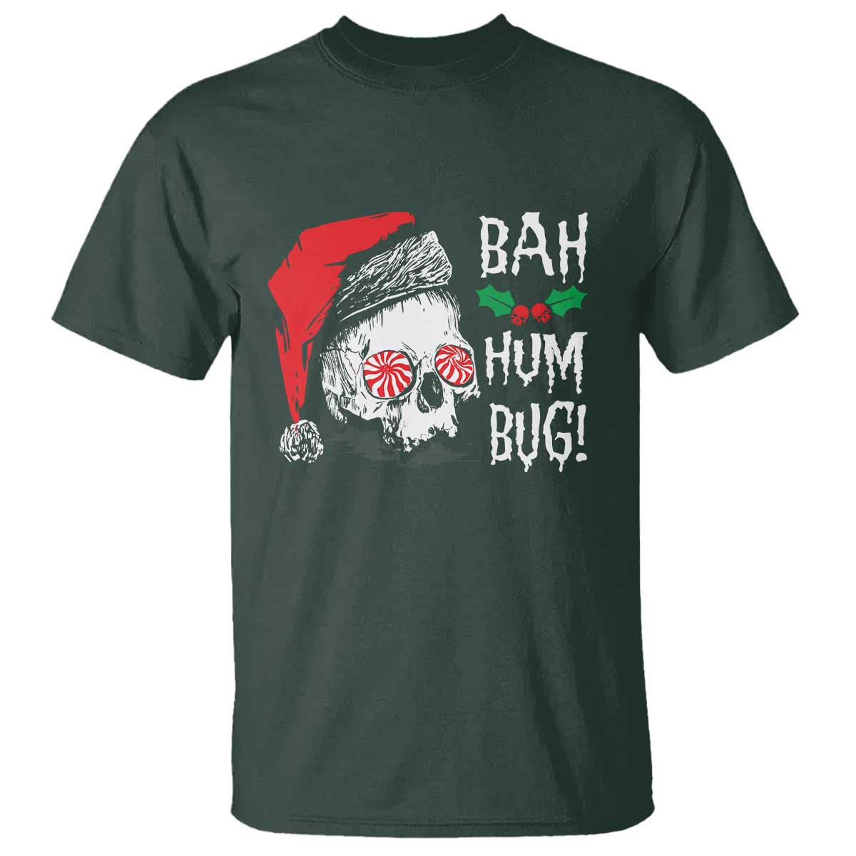 Christmas Bah Humbug Skull Santa Hat T Shirt TS09 Dark Forest Green Print Your Wear