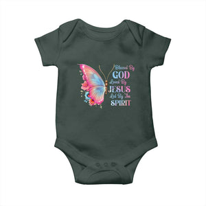 Christian Baby Onesie Blessed By God Loved By Jesus Led By The Spirit TS09 Dark Forest Green Print Your Wear