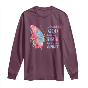 Christian Long Sleeve Shirt Blessed By God Loved By Jesus Led By The Spirit TS09 Maroon Print Your Wear