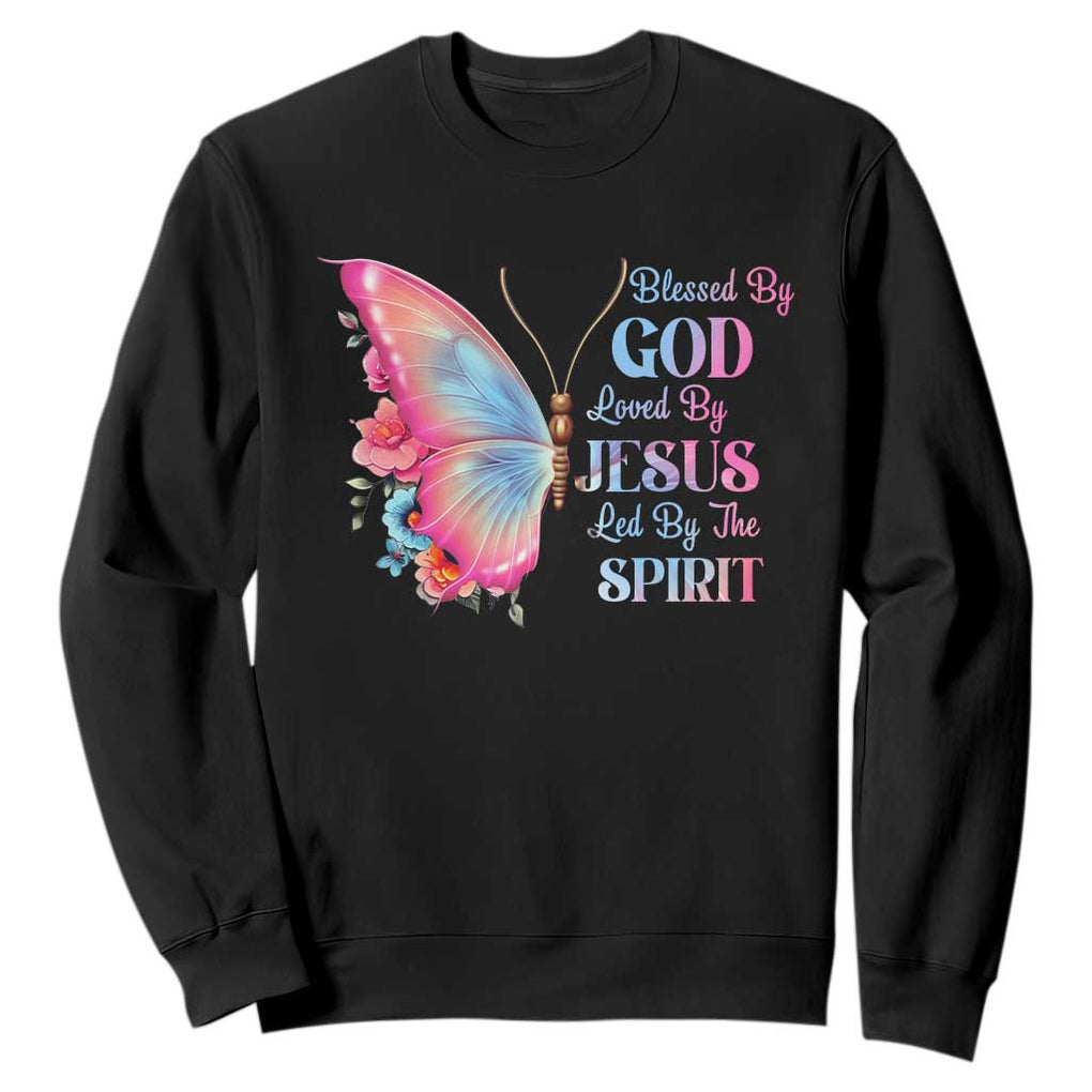 Christian Sweatshirt Blessed By God Loved By Jesus Led By The Spirit TS09 Black Print Your Wear