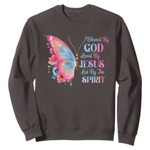 Christian Sweatshirt Blessed By God Loved By Jesus Led By The Spirit TS09 Dark Chocolate Print Your Wear