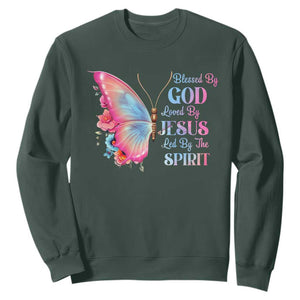 Christian Sweatshirt Blessed By God Loved By Jesus Led By The Spirit TS09 Dark Forest Green Print Your Wear