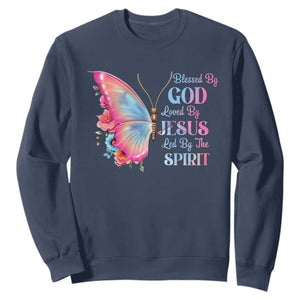 Christian Sweatshirt Blessed By God Loved By Jesus Led By The Spirit TS09 Navy Print Your Wear