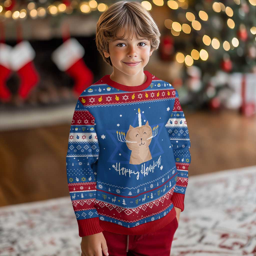 Cute Cat Menorah Hanukkah Ugly Sweater Jewish Kitten Chanukah Hanukkat TS09 Blue Red Print Your Wear