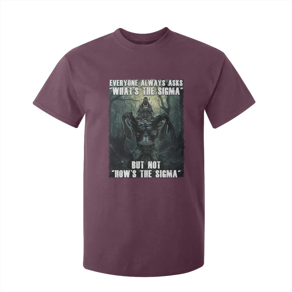 Funny Meme Wolf Alpha T Shirt For Kid Everyone Always Asks What's The Sigma But Not How's The Sigma TS09 Maroon Print Your Wear